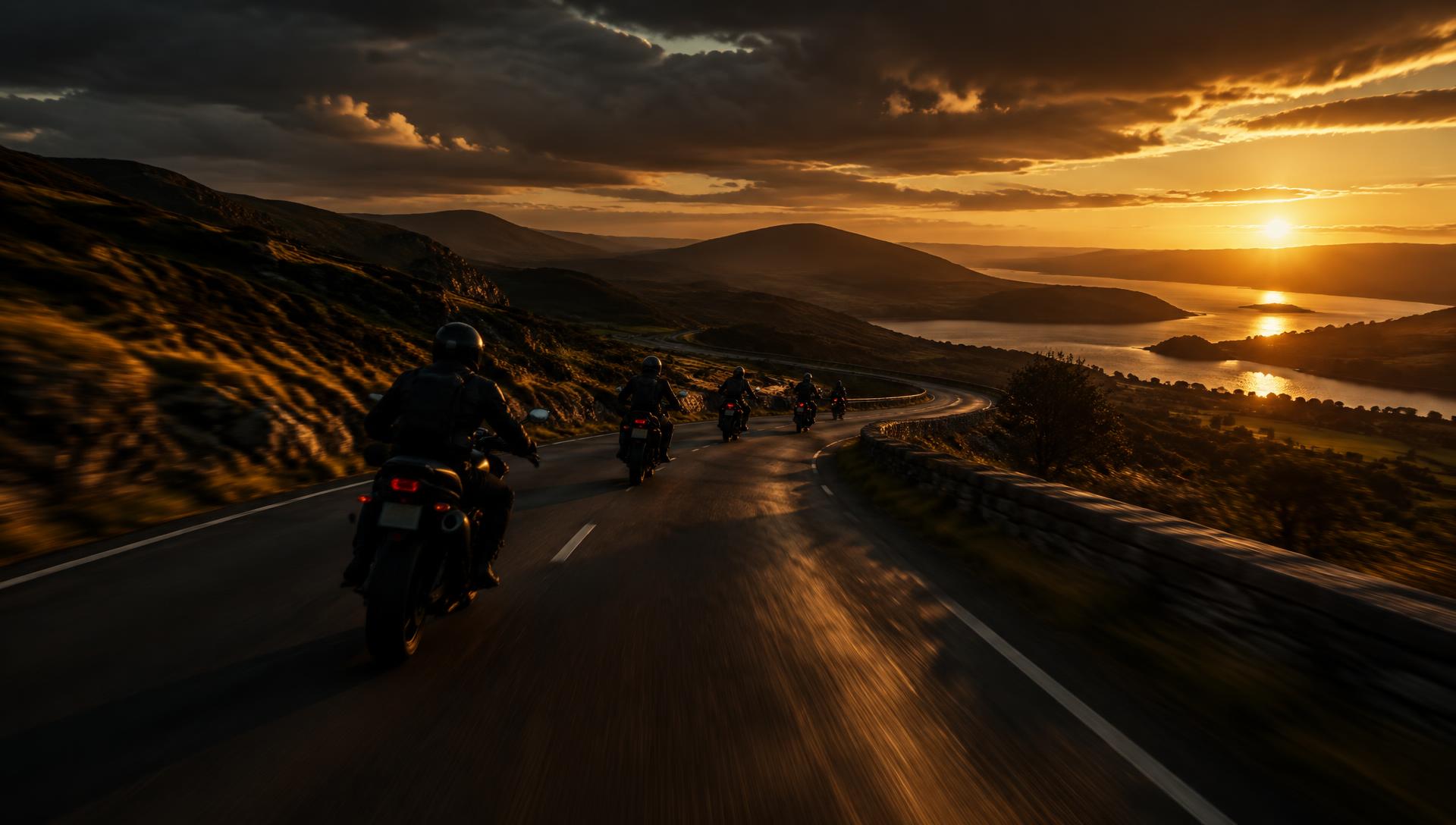 A group of motorcyclists riding a sweeping road at sunset